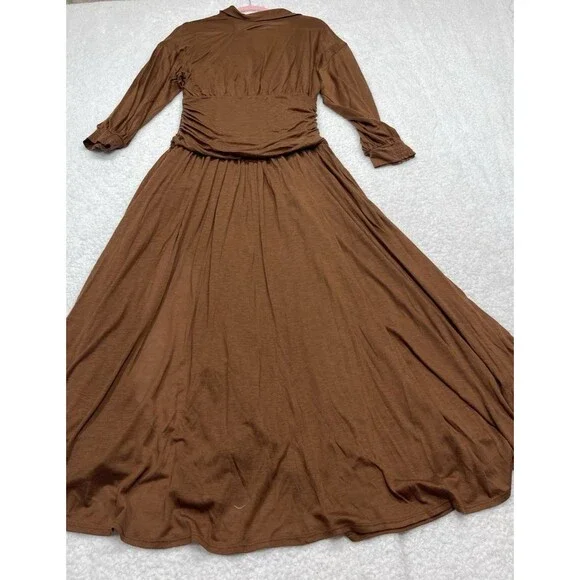 Anthropologie Maeve Midi Dress Brown Long Sleeve V Neck Ruched Retro Medium NWT Anthropologie Maeve Midi Dress Brown Long Sleeve V Neck Ruched Retro Medium NWT